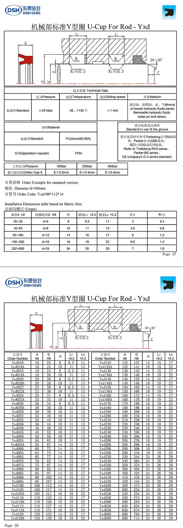 机械部标准Y型密封圈Yxd规格尺寸表